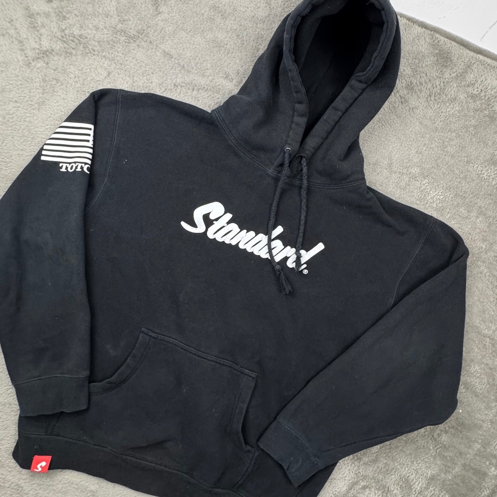 Standard Graphic Hoodie Mens Large Black Fair Distressed Thrashed Streetwear